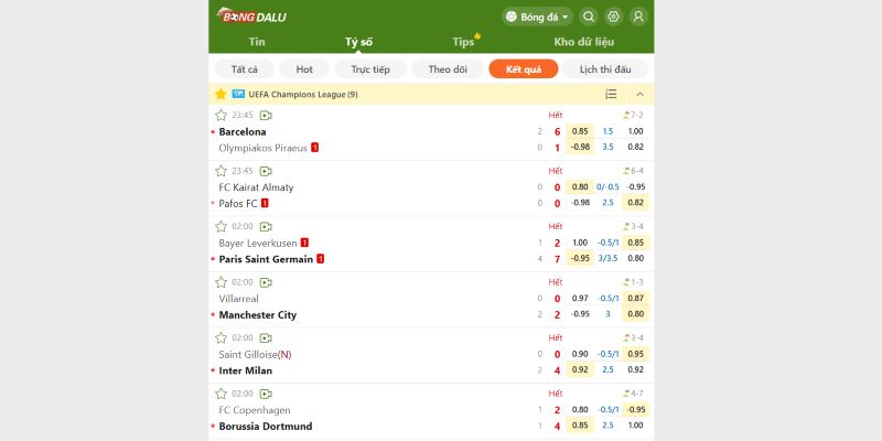 Bongdalu hiển thị giao diện cập nhật tỷ lệ kèo thời gian thực